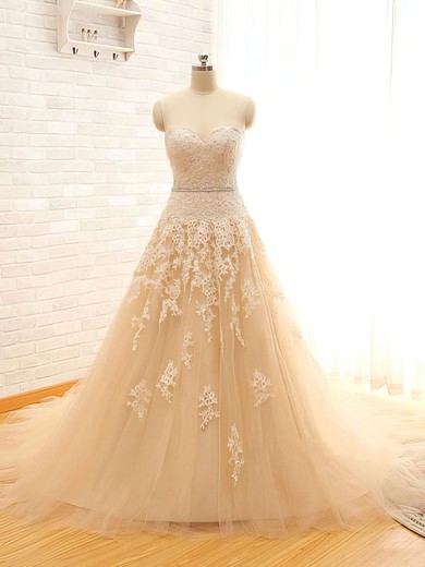 Sweetheart Ball Gown Chapel Train Satin Tulle Beading Wedding Dresses #DOB00021496