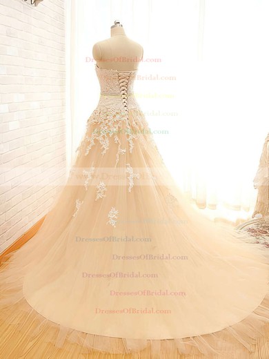Sweetheart Ball Gown Chapel Train Satin Tulle Beading Wedding Dresses #DOB00021496