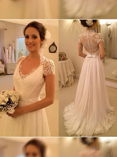 V-neck A-line Sweep Train Chiffon Tulle Appliques Lace Wedding Dresses #DOB00021497
