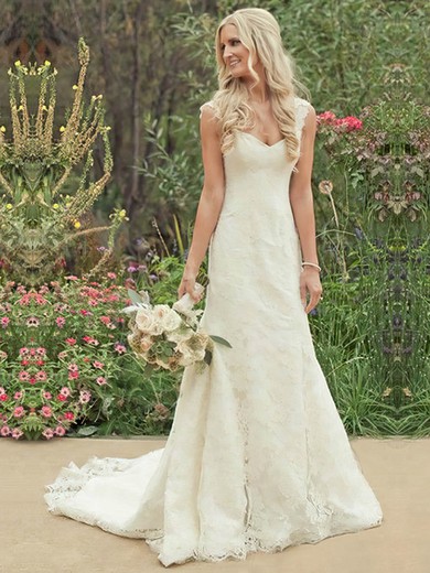 Sweetheart A-line Court Train Lace Satin Appliques Lace Wedding Dresses #DOB00021504