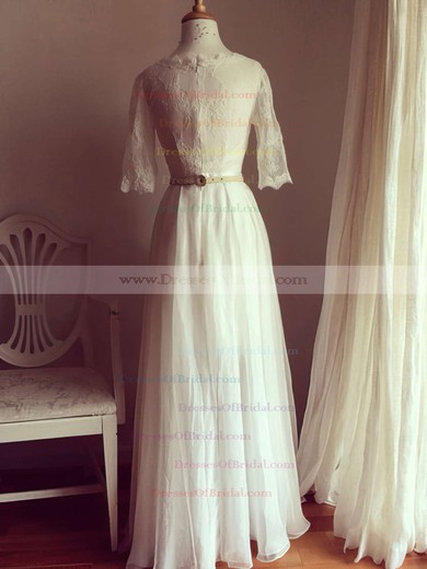 Scoop Neck A-line Floor-length Lace Chiffon Appliques Lace Wedding Dresses #DOB00021511
