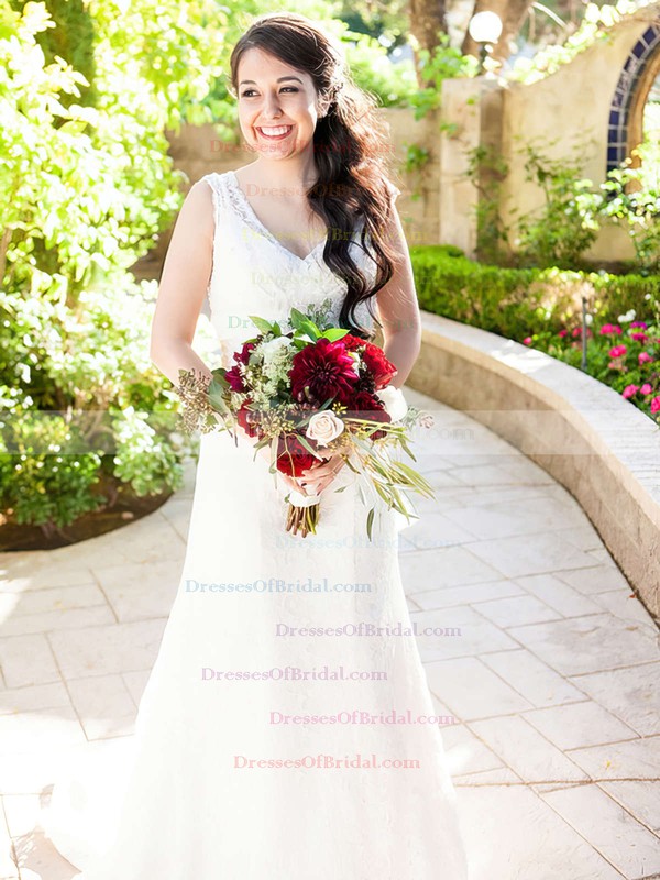 V-neck A-line Court Train Lace Satin Lace Wedding Dresses #DOB00021513