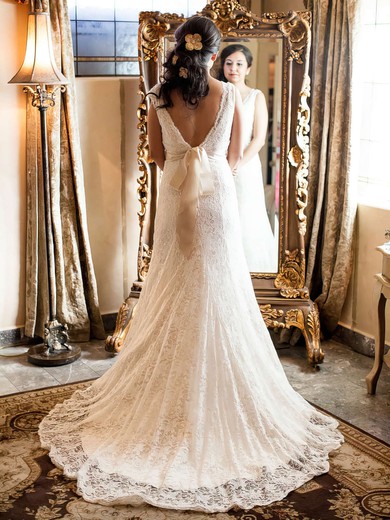 V-neck A-line Court Train Lace Satin Lace Wedding Dresses #DOB00021513