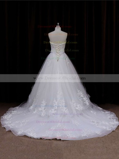 Tulle Appliques Lace Sweetheart Chapel Train Modest Ivory Wedding Dresses #DOB00021633