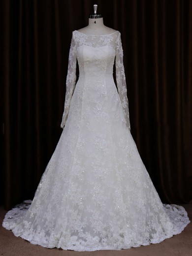 Ivory Lace Beading A-line Scoop Neck Long Sleeve Wedding Dresses #DOB00021634
