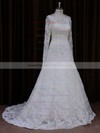 Ivory Lace Beading A-line Scoop Neck Long Sleeve Wedding Dresses #DOB00021634