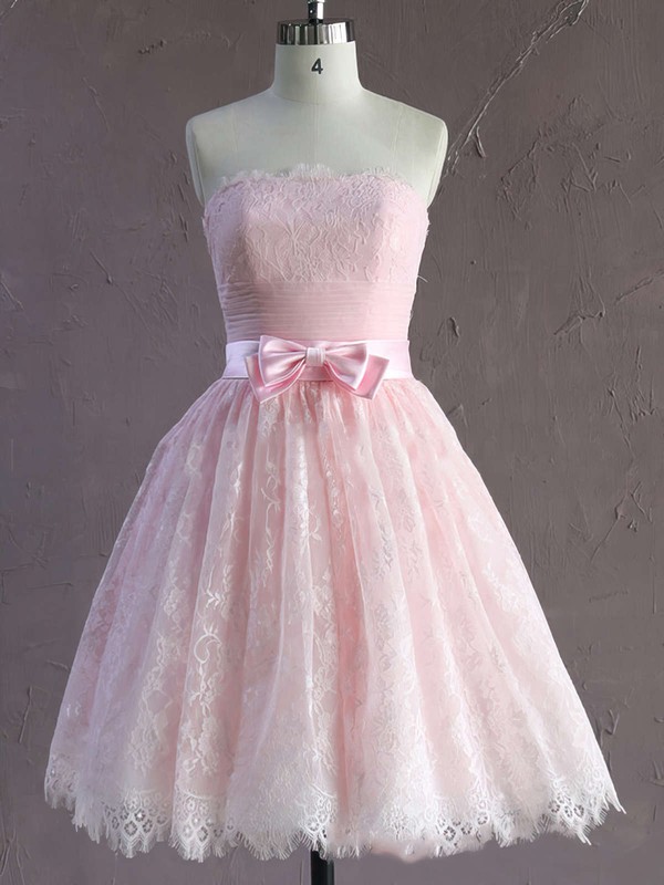 Pretty Pink Lace with Bow Strapless Short/Mini Wedding Dresses #DOB00021635