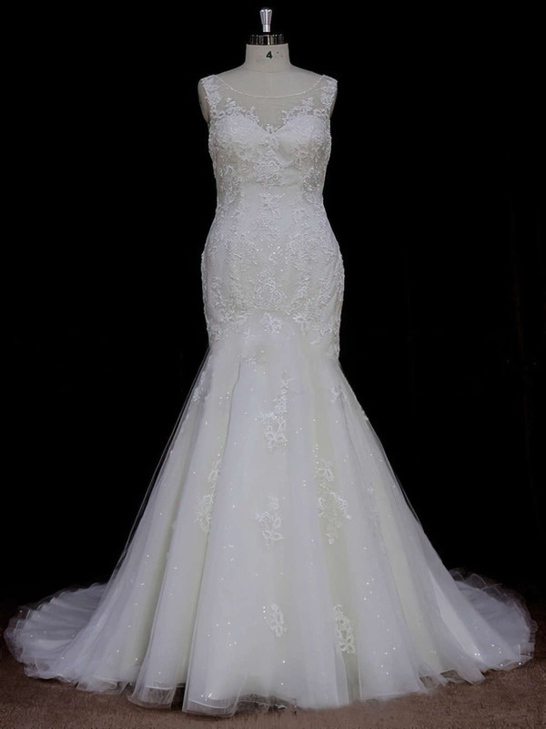 Trumpet/Mermaid Ivory Tulle Appliques Lace Scoop Neck Open Back Wedding Dresses #DOB00021638