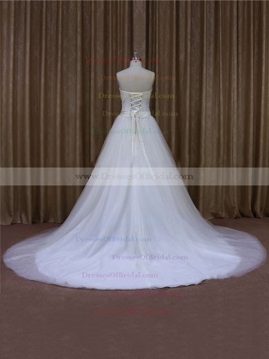 Designer Ivory Tulle Sweetheart with Sashes/Ribbons Chapel Train Wedding Dresses #DOB00021640