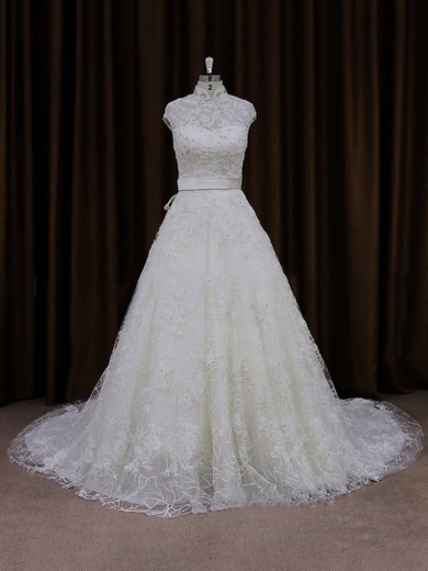Unique Ivory Lace Sashes/Ribbons Court Train High Neck Wedding Dresses #DOB00021642