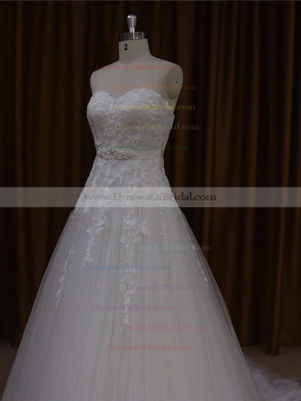 Sweetheart Tulle Appliques Lace Court Train Elegant Ivory Wedding Dresses #DOB00021643