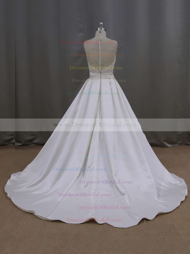 Ivory Scoop Neck Satin with Beading Court Train Modern Wedding Dresses #DOB00021645