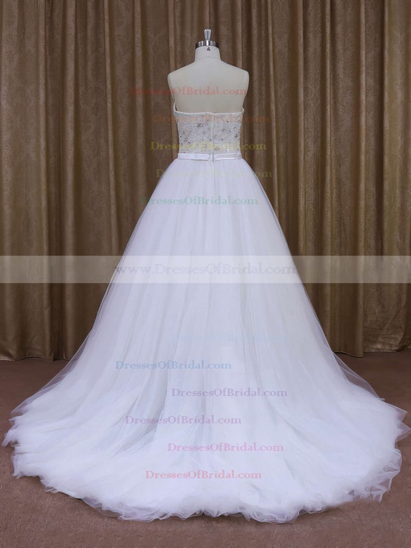 Sweep Train Tulle Sashes/Ribbons Top Sweetheart White Wedding Dresses #DOB00021651