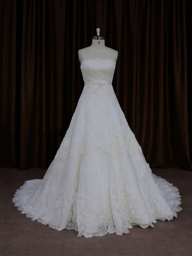 Ivory Tulle with Appliques Lace Court Train Lace-up Strapless Wedding Dress #DOB00021652
