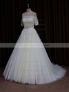 Hot Off-the-shoulder Ivory Tulle Appliques Lace Short Sleeve Wedding Dress #DOB00021654