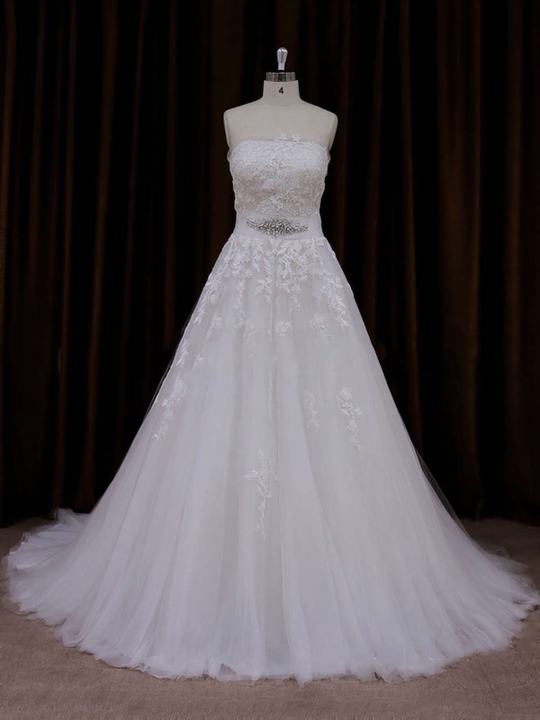 Strapless Tulle Appliques Lace Court Train Ivory Amazing Wedding Dress #DOB00021660