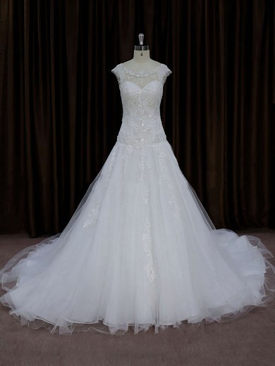 Chapel Train Ivory Tulle Appliques Lace Cap Straps Gorgeous Wedding Dress #DOB00021664
