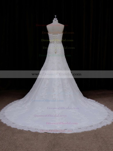 Ivory Chapel Train Tulle Appliques Lace Best Strapless Wedding Dress #DOB00021667
