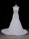 Ivory Chapel Train Tulle Appliques Lace Best Strapless Wedding Dress #DOB00021667