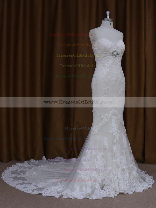 Ivory Lace Beading Sweetheart Trumpet/Mermaid Chapel Train Wedding Dresses #DOB00021687