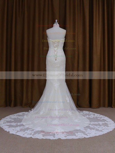 Ivory Lace Beading Sweetheart Trumpet/Mermaid Chapel Train Wedding Dresses #DOB00021687