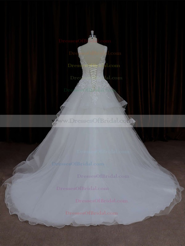 Ball Gown Ivory V-neck Tulle Appliques Lace Popular Wedding Dresses #DOB00021695