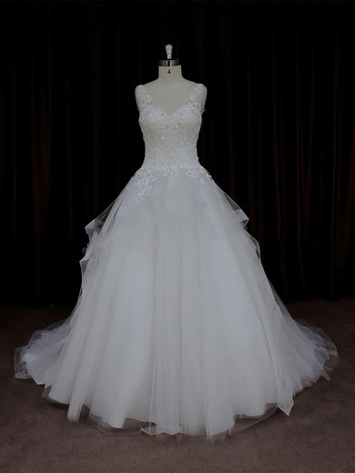 Ball Gown Ivory V-neck Tulle Appliques Lace Popular Wedding Dresses #DOB00021695