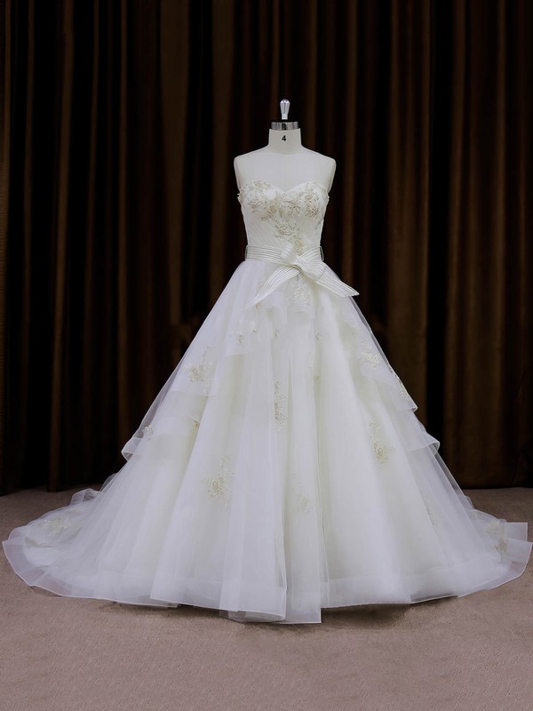 Hot Ivory Organza Sashes/Ribbons Sweetheart Chapel Train Wedding Dresses #DOB00021696