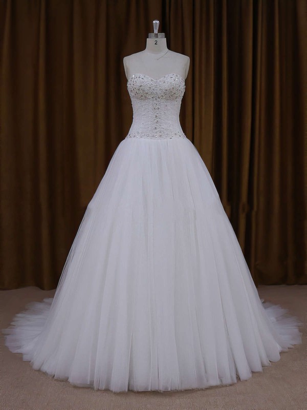 Princess Ivory Lace-up Tulle Beading Court Train Wedding Dresses #DOB00021705