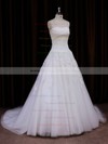 Ivory Chapel Train Tulle Appliques Lace Ball Gown Lace-up Wedding Dress #DOB00021785