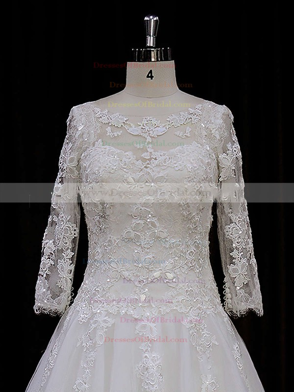 Scoop Neck 3/4 Sleeve Tulle Appliques Lace Chapel Train Ivory Wedding Dress #DOB00021788
