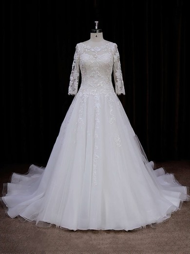 Scoop Neck 3/4 Sleeve Tulle Appliques Lace Chapel Train Ivory Wedding Dress #DOB00021788