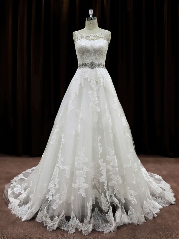 Princess Lace Appliques Simple Scoop Neck Ivory Wedding Dress #DOB00021791
