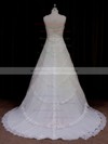 Amazing Court Train Ivory Tulle Appliques Lace Sweetheart Wedding Dress #DOB00021796