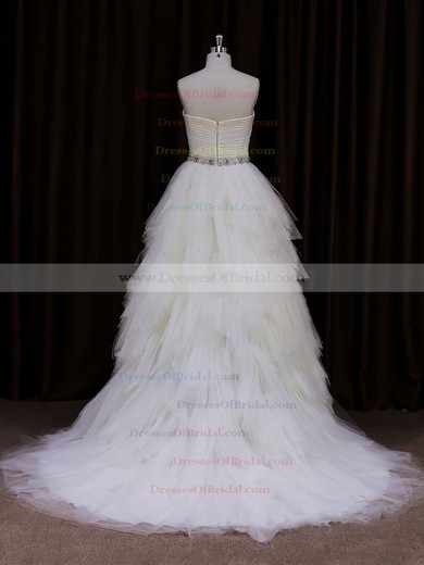 For Cheap Sweetheart Ivory Court Train Tulle Tiered Wedding Dress #DOB00021799