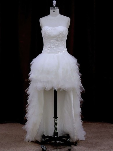 Ivory High Low Tulle with Appliques Lace Strapless Asymmetrical Wedding Dress #DOB00021802