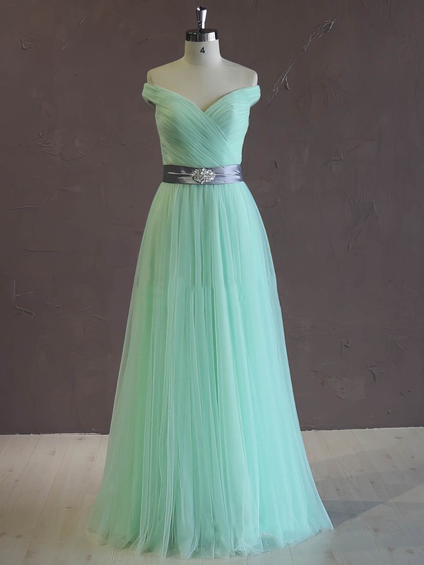 Great Off-the-shoulder Tulle Sashes/Ribbons Green A-line Wedding Dress #DOB00021806