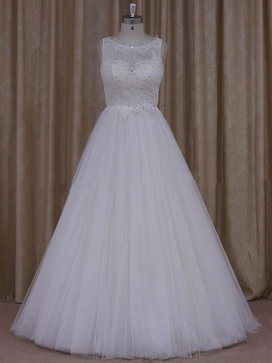 Inexpensive Scoop Neck Ivory Tulle Appliques Lace Princess Wedding Dress #DOB00021812