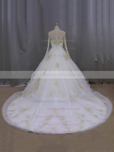 Ball Gown Tulle Appliques Lace High Neck Long Sleeve Ivory Wedding Dresses #DOB00021852