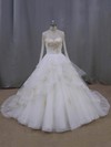 Ball Gown Tulle Appliques Lace High Neck Long Sleeve Ivory Wedding Dresses #DOB00021852