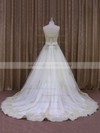 Court Train Appliques Lace Ivory Tulle Strapless Vintage Wedding Dresses #DOB00021854