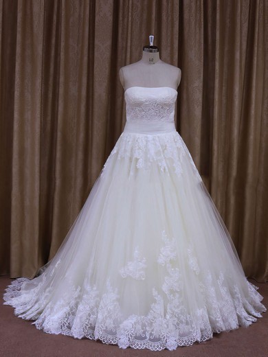 Strapless Lace-up Appliques Lace Ivory Tulle A-line Wedding Dresses #DOB00021856