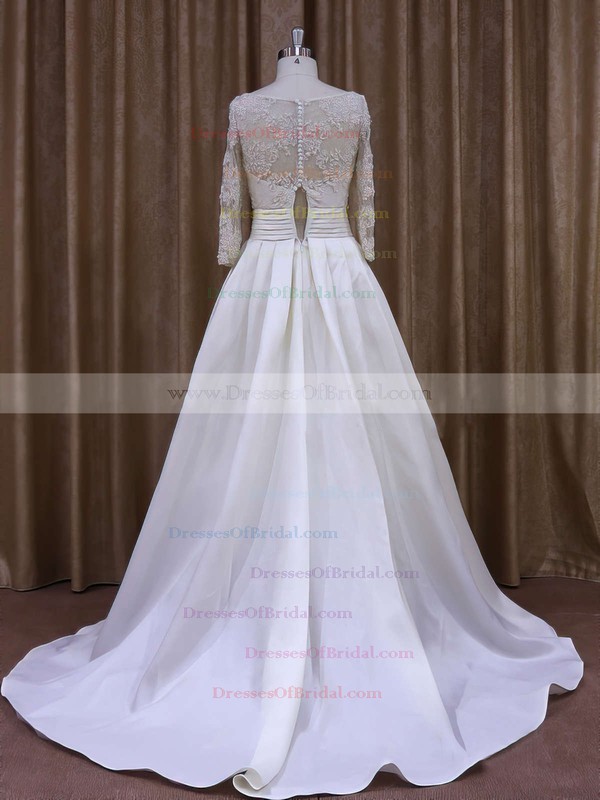 Scoop Neck Appliques Lace Long Sleeve Ivory Taffeta Court Train Wedding Dress #DOB00021877
