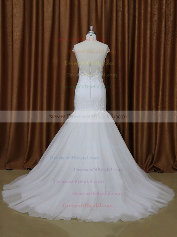 White Tulle V-neck Appliques Lace Cap Straps Trumpet/Mermaid Wedding Dresses #DOB00021899