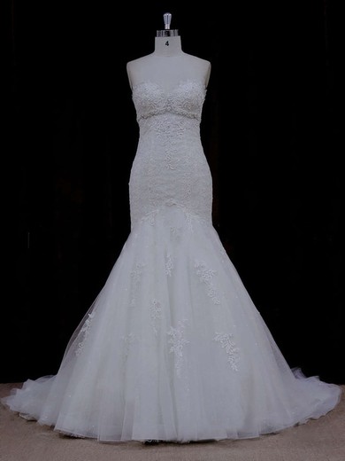 Chapel Train Ivory Lace Tulle Beading Trumpet/Mermaid Wedding Dress #DOB00021915