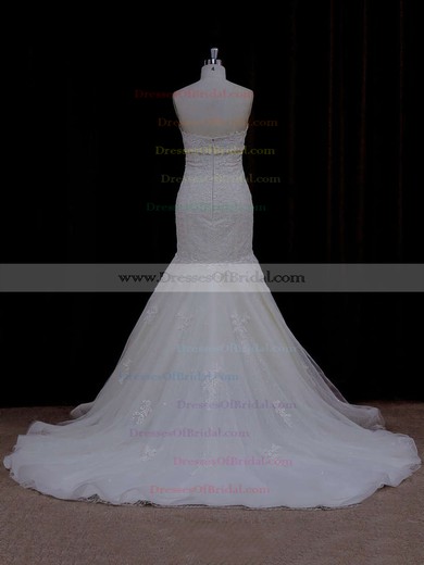 Chapel Train Ivory Lace Tulle Beading Trumpet/Mermaid Wedding Dress #DOB00021915