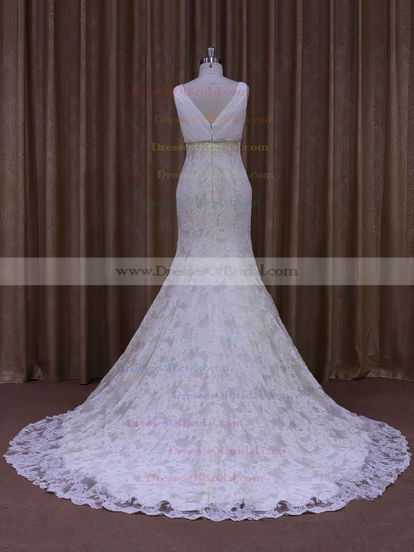 Inexpensive Court Train Ivory Lace Tulle Appliques Lace V-neck Wedding Dress #DOB00021964