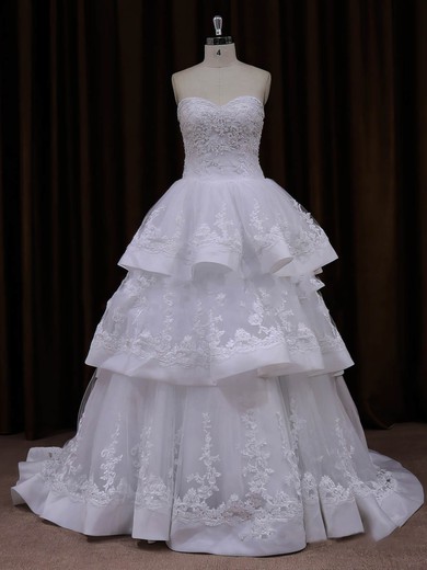 Princess Appliques Lace Sweetheart Lace-up Ivory Tulle Wedding Dresses #DOB00021990