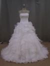 Elegant Court Train Tiered Ivory Organza Strapless Wedding Dress #DOB00021994
