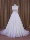 A-line White Lace Tulle Pearl Detailing Scoop Neck Wedding Dresses #DOB00021637